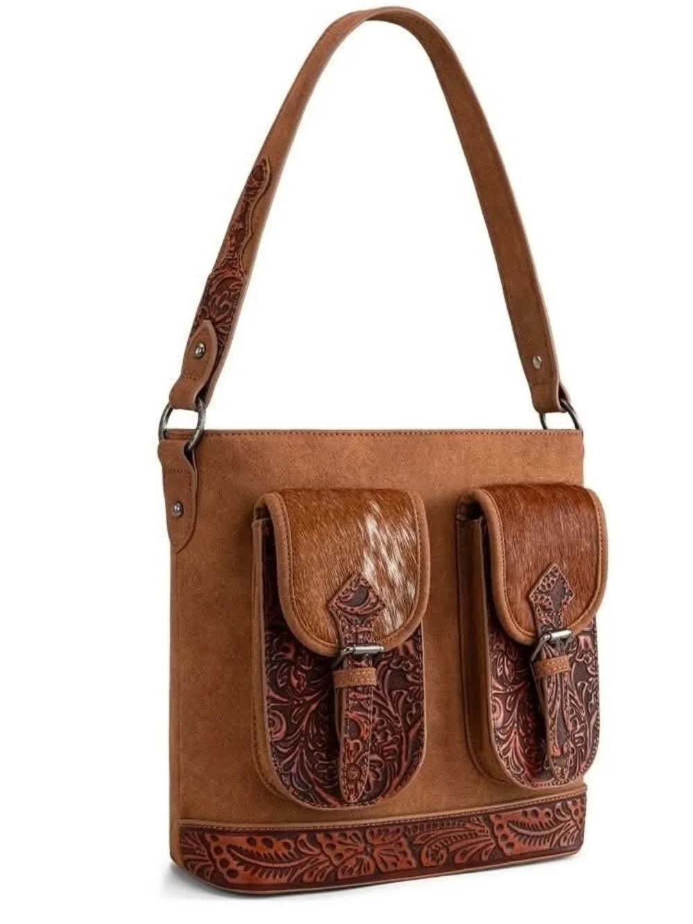 Trinity Ranch Tan Tooled Leather Hair On CCW Hobo Bag